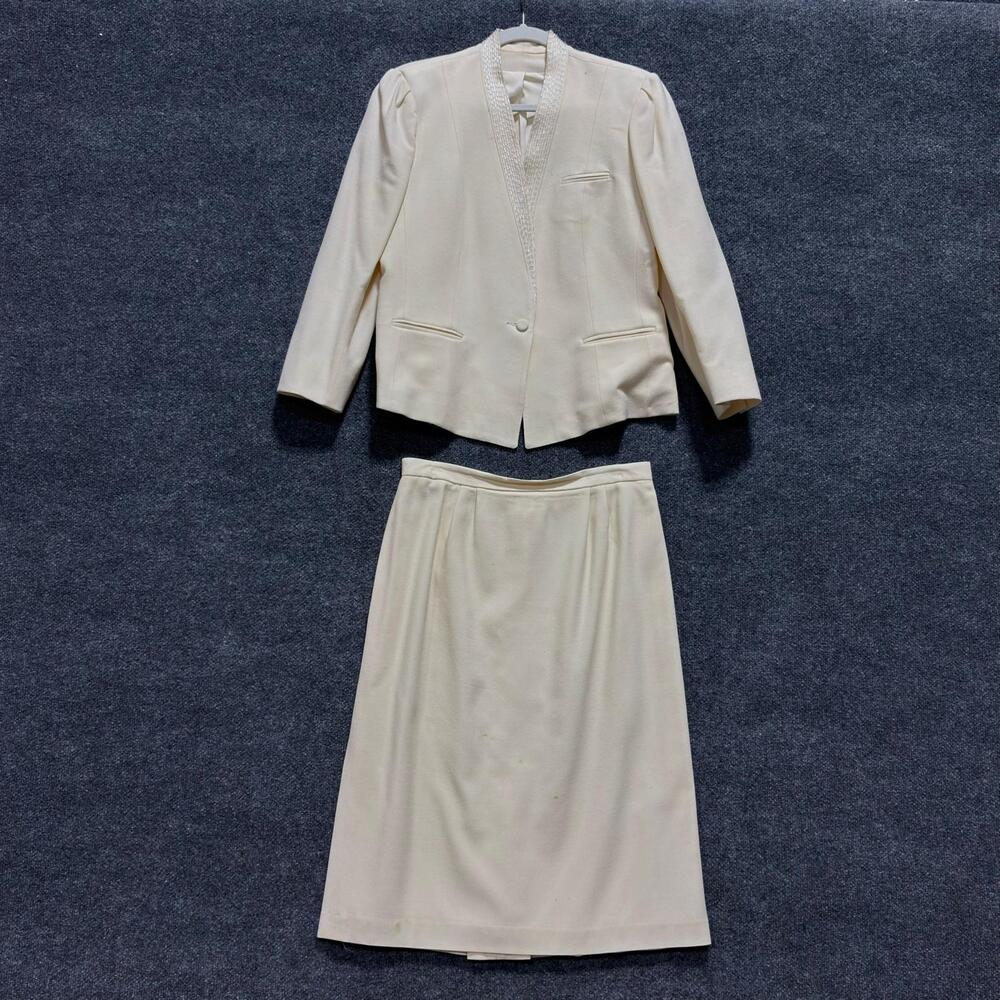 Vintage Allen Bernard Ltd Skirt Suit Set Womens 16 White Beaded Shawl Collar